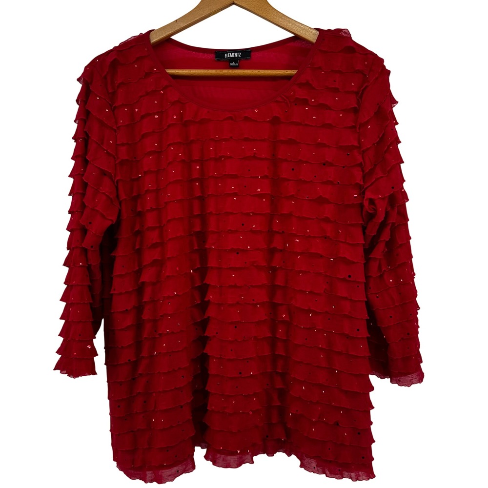 Elementz Red Tiered Ruffle Sequin Top Womens Large 3/4 Sleeve Blouse Holiday